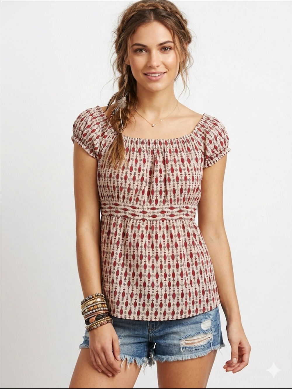 fabindia Red and Cream Printed Short Sleeve Peasant Top